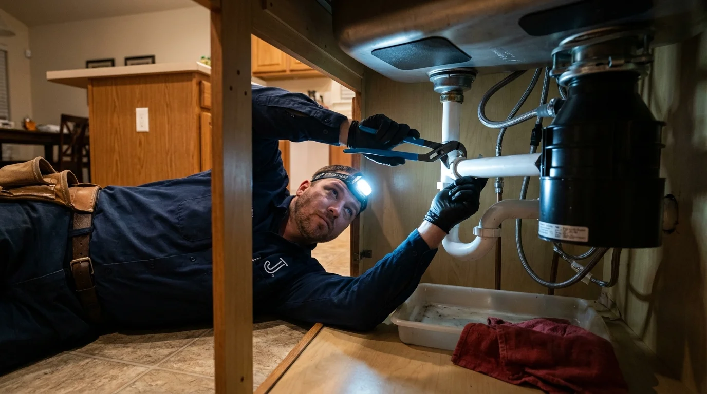 P-trap and supply line connections under a kitchen sink showing a common leak point in Harrison, NY